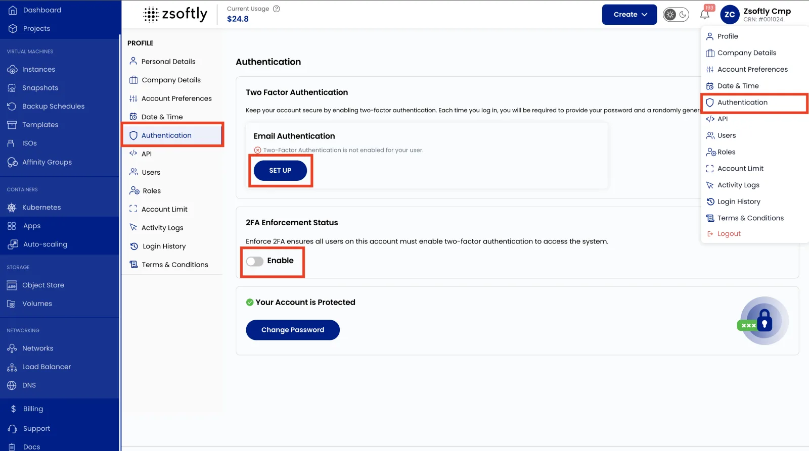 Configuration de l'authentification à deux facteurs dans la section Authentification du profil