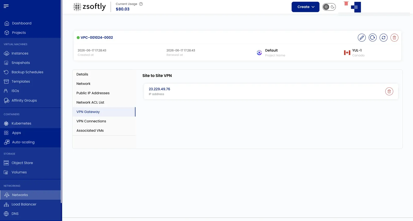 Create Site-to-Site VPN connection form