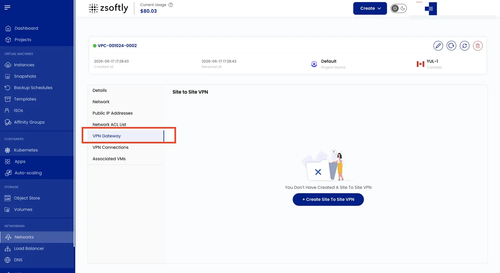 VPN Gateway tab for managing Site-to-Site VPN connections