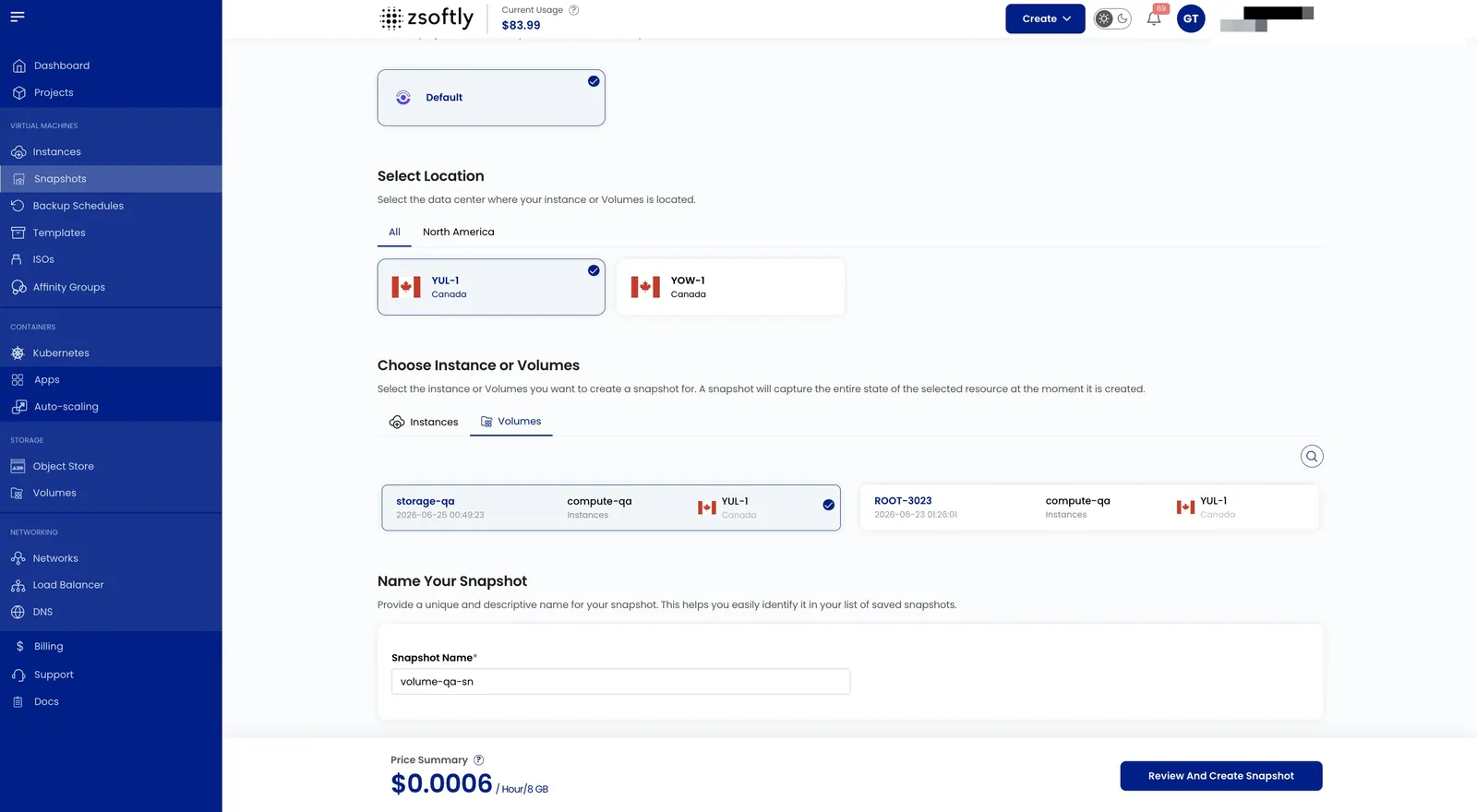 Take Volume Snapshot form: location, project, block storage, name, and billing