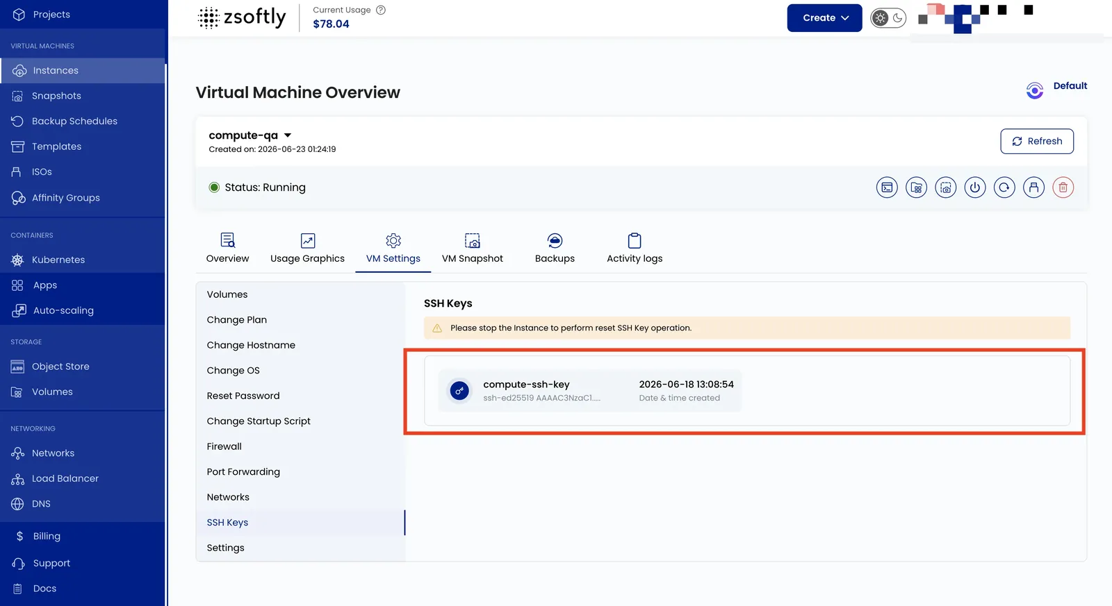 SSH key access settings