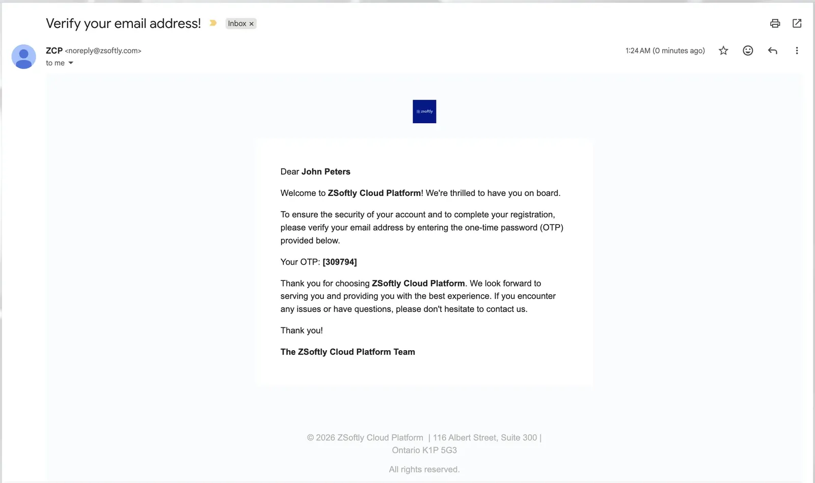 Verification email containing the one-time password (OTP)
