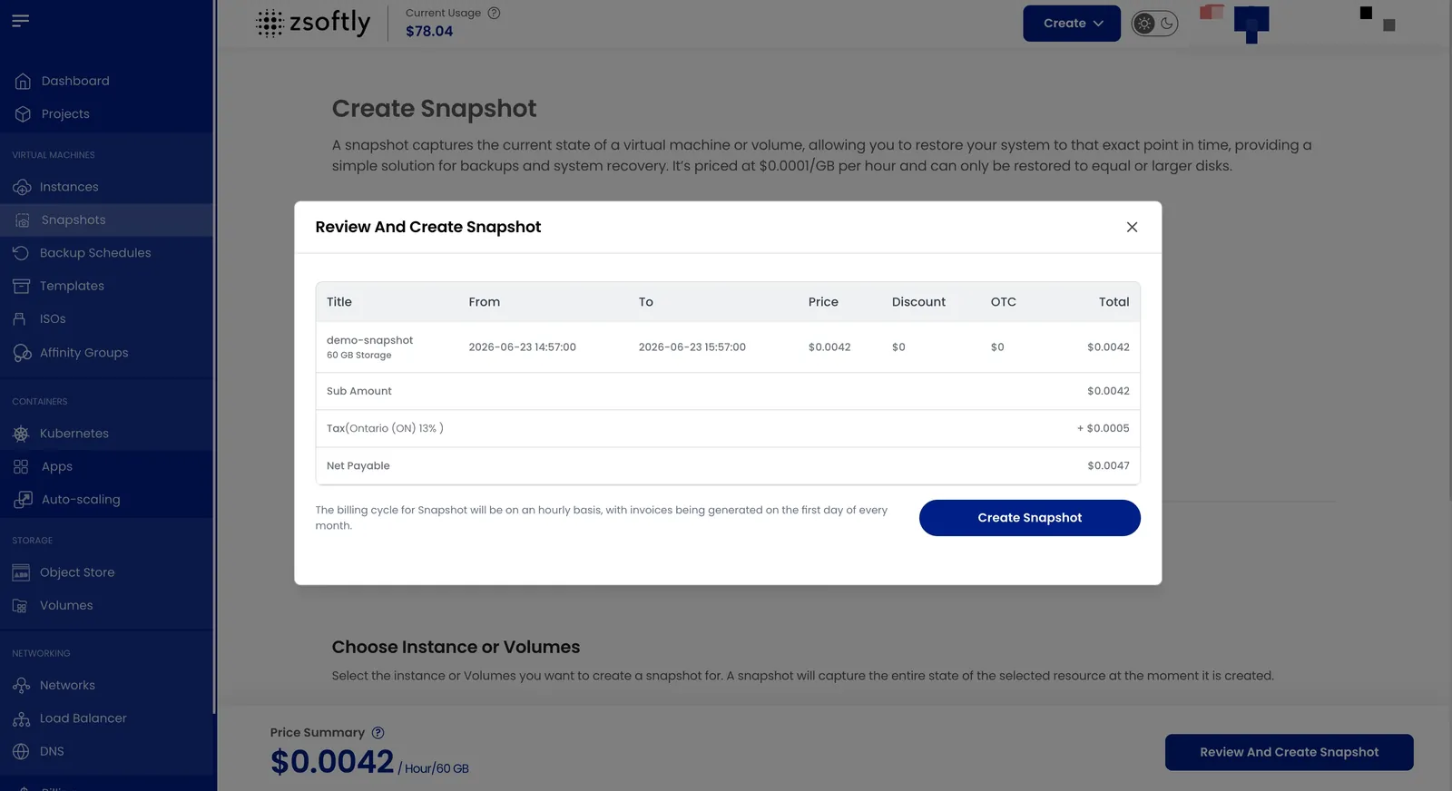 VM snapshot creation steps