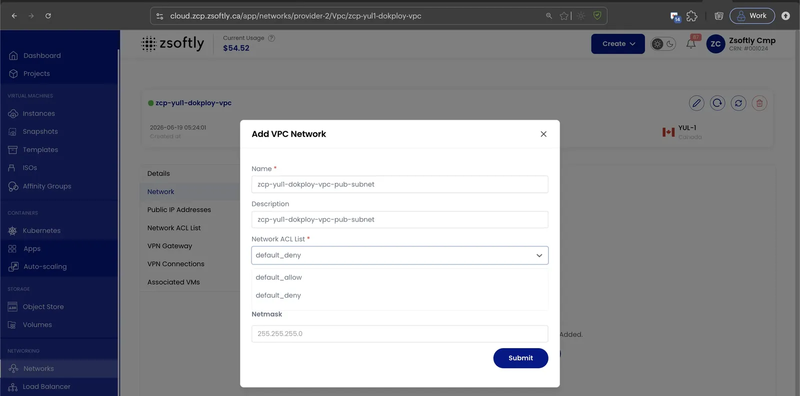 Add VPC Network dialog with Name, Description, Network ACL List, and Netmask fields