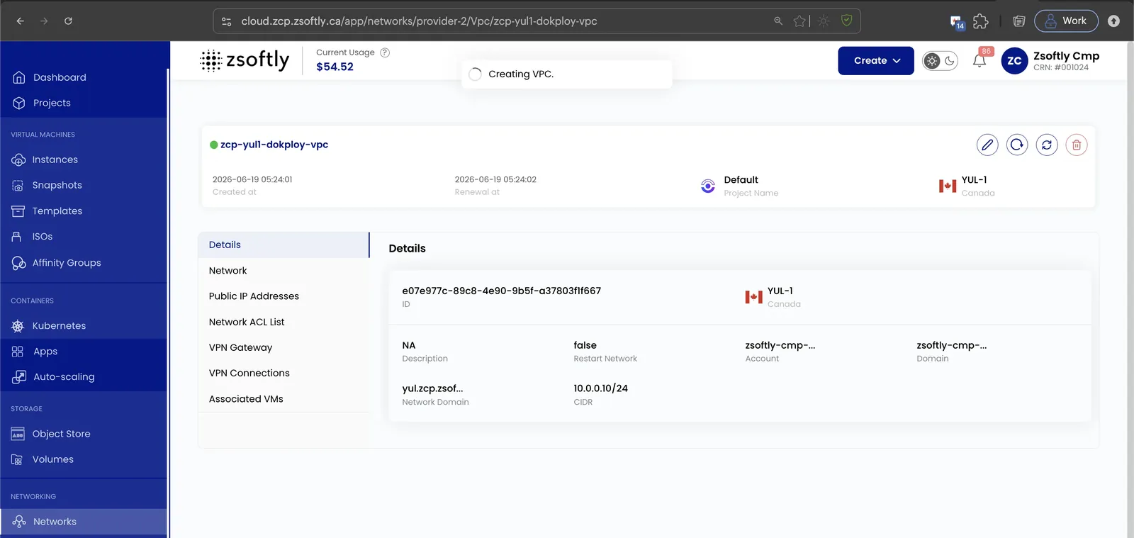 VPC details page showing ID, region, network domain, and CIDR