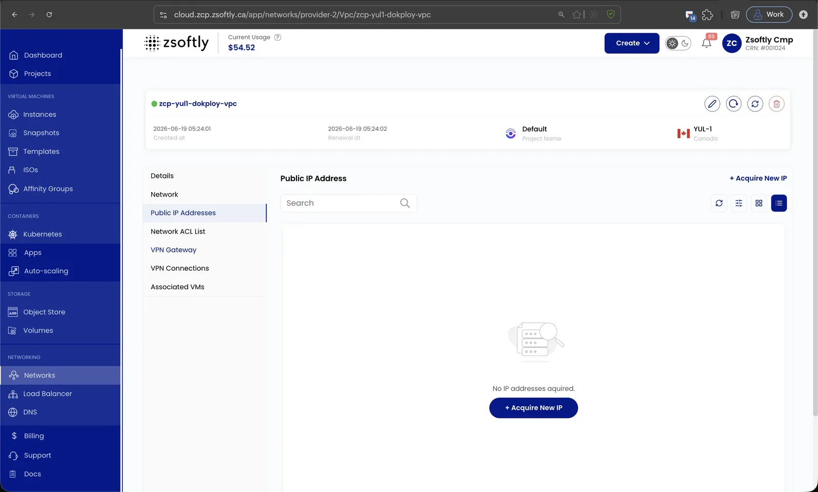 VPC Public IP Addresses tab with the Acquire New IP button