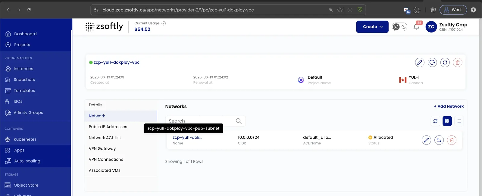 VPC Network tab listing the created subnet with CIDR, ACL, and Allocated status