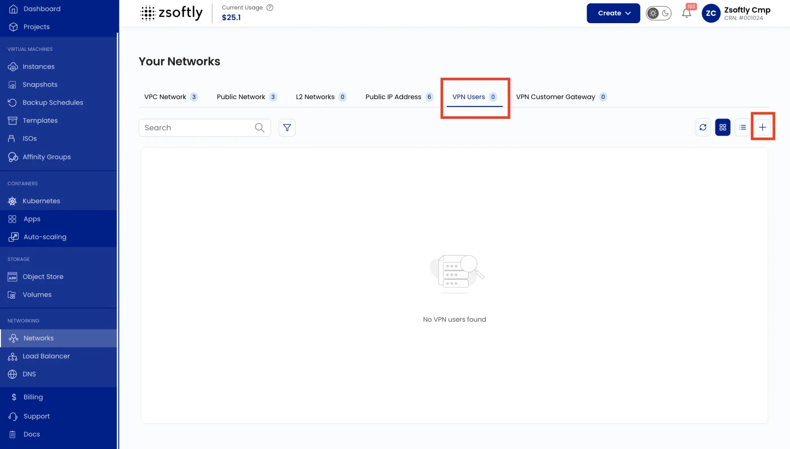 VPN Users tab listing client VPN users with the Add VPN User button