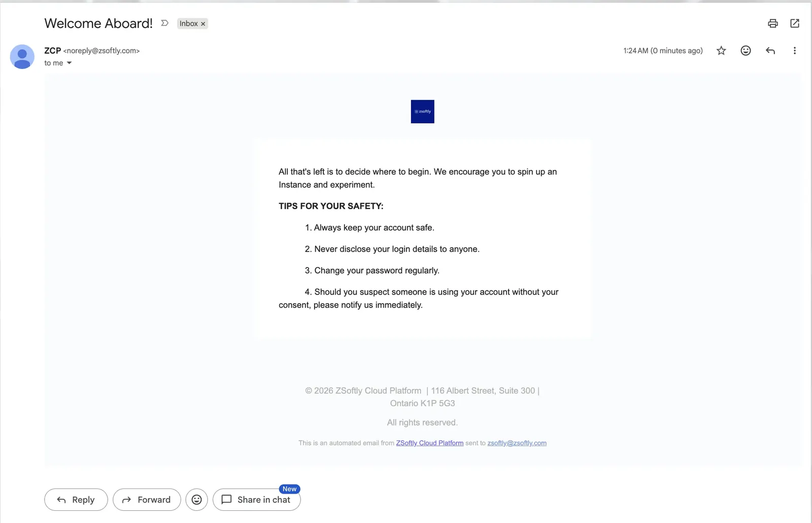 Welcome email confirming the account is ready