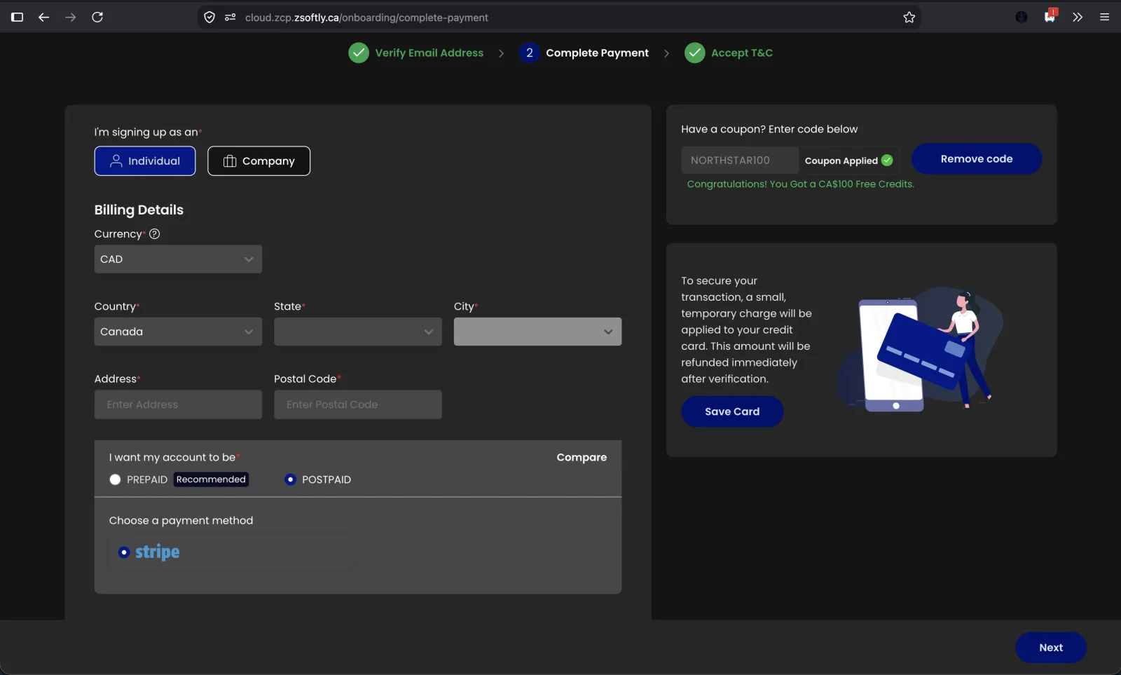 Postpaid selected during signup in dark mode, with Stripe as the only payment method and a Save Card button