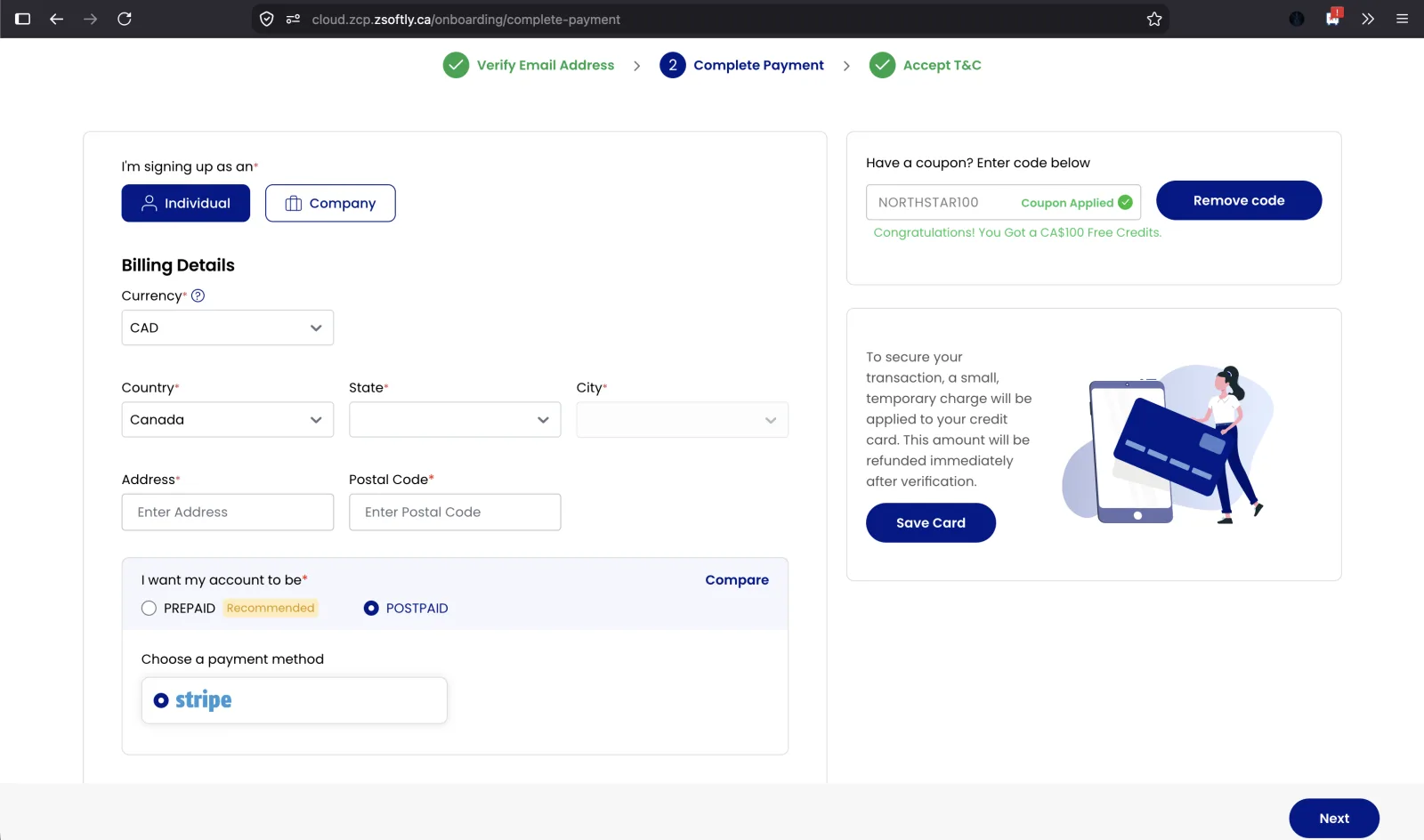 Postpaid selected during signup, with Stripe as the only payment method and a Save Card button